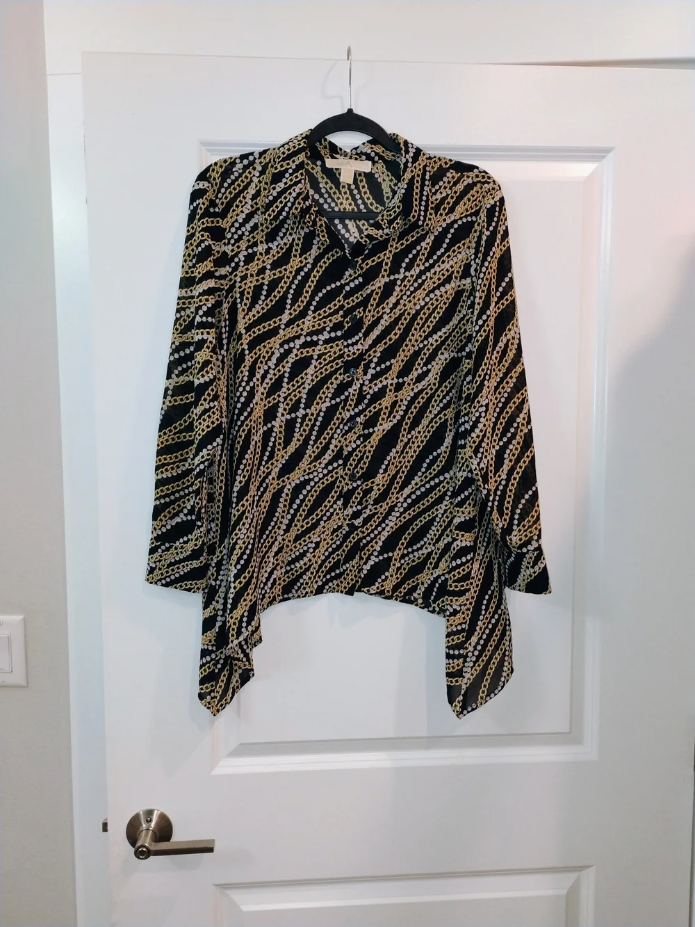 Michael Kors Chain Link Print Sharkbite Hem Blouse Black Gold Vintage Size PL